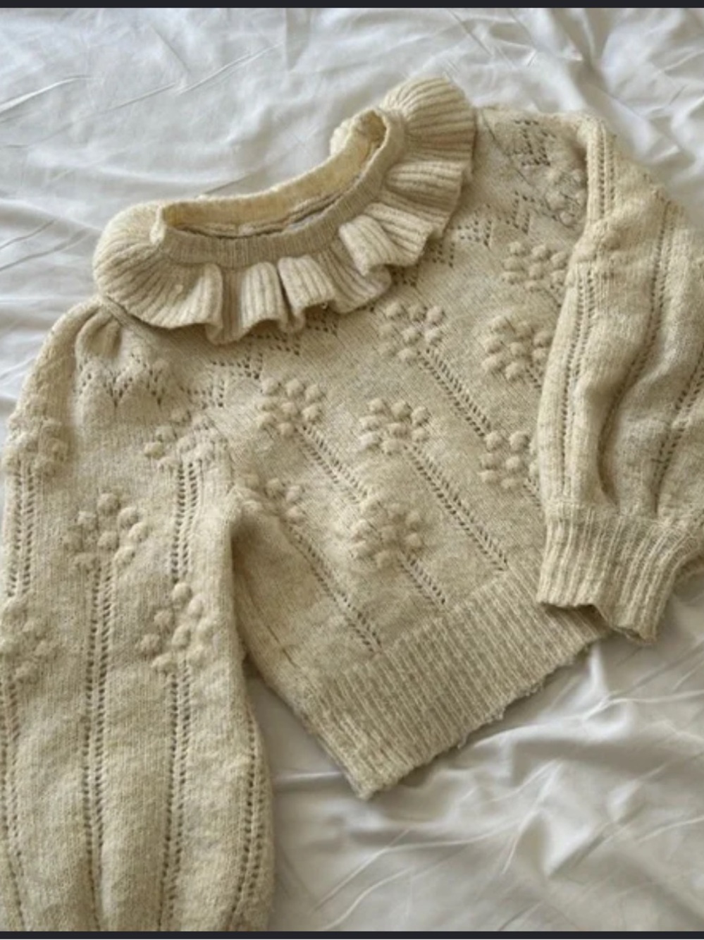 Zara Cream Ruffled Collar Knit Sweater